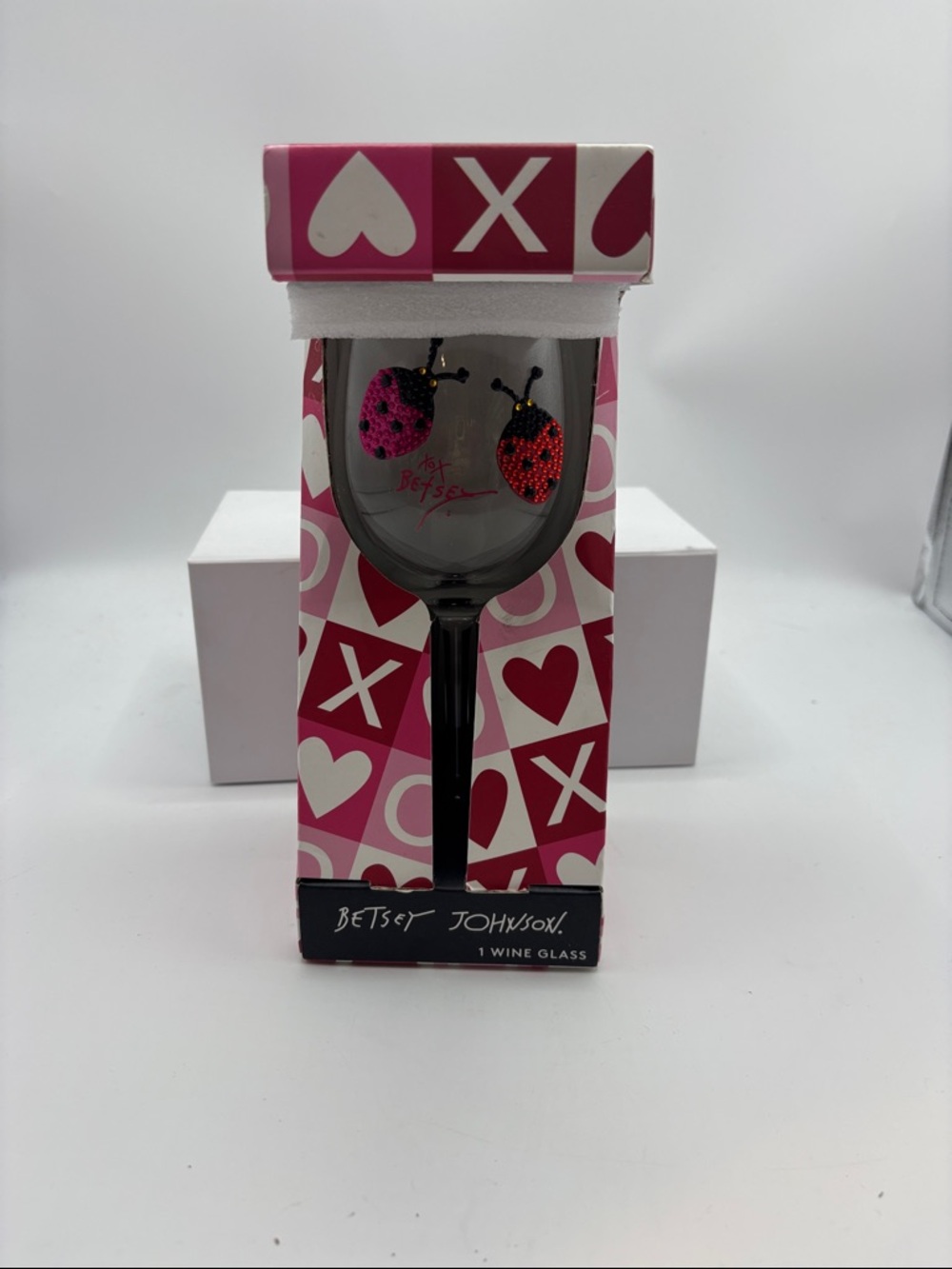 Betsey Johnson Black Stem Wine Glass with Red and Pink Ladybug Accents